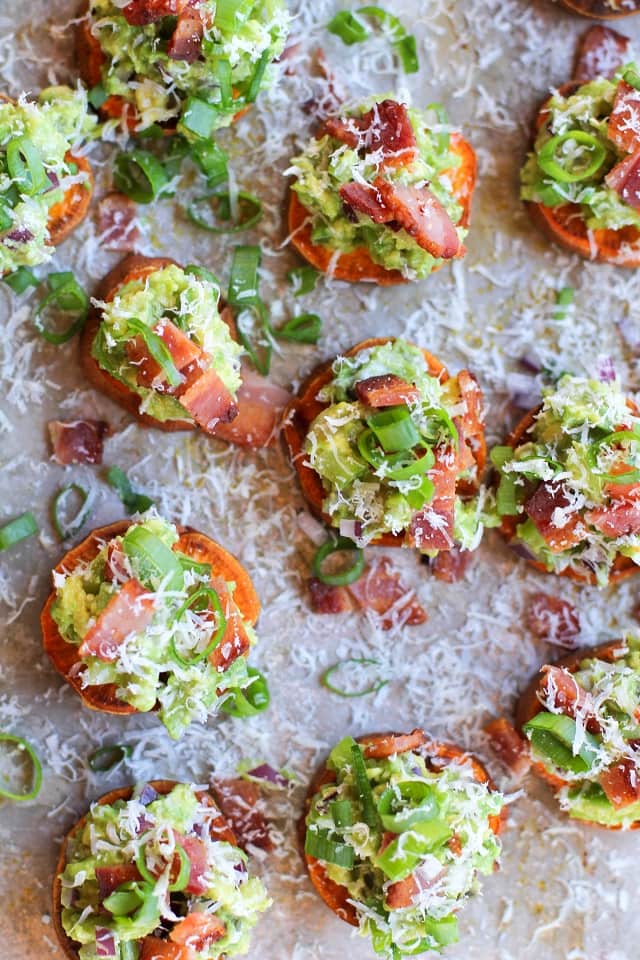 Roasted Sweet Potato Rounds with Guacamole and Bacon by The Roasted Root